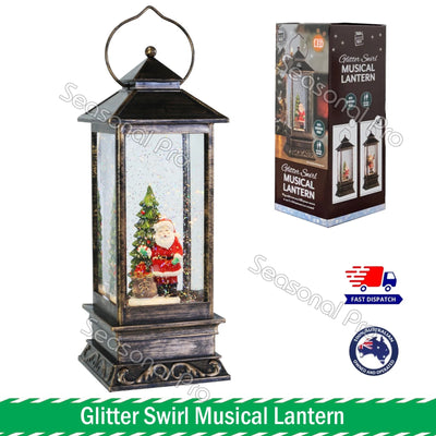 32cm LED Glitter Swirl Musical Lantern Christmas Santa USB Battery Light Up Decoration