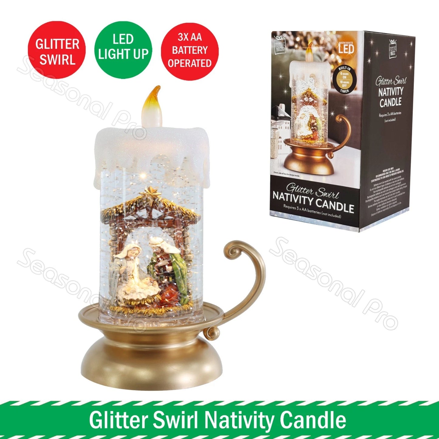 Glitter Swirl Nativity Candle Light Up LED Christmas Decoration Battery Operated