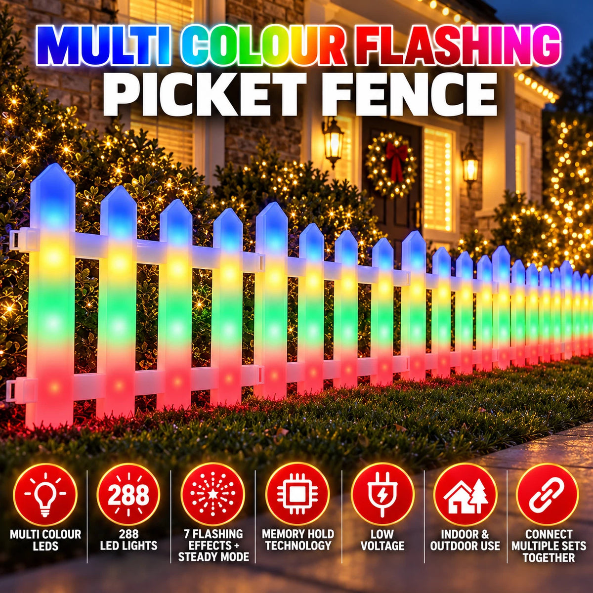 2.8m 288 LED Multicolour Picket Fence Christmas Lights - 8 Piece Set