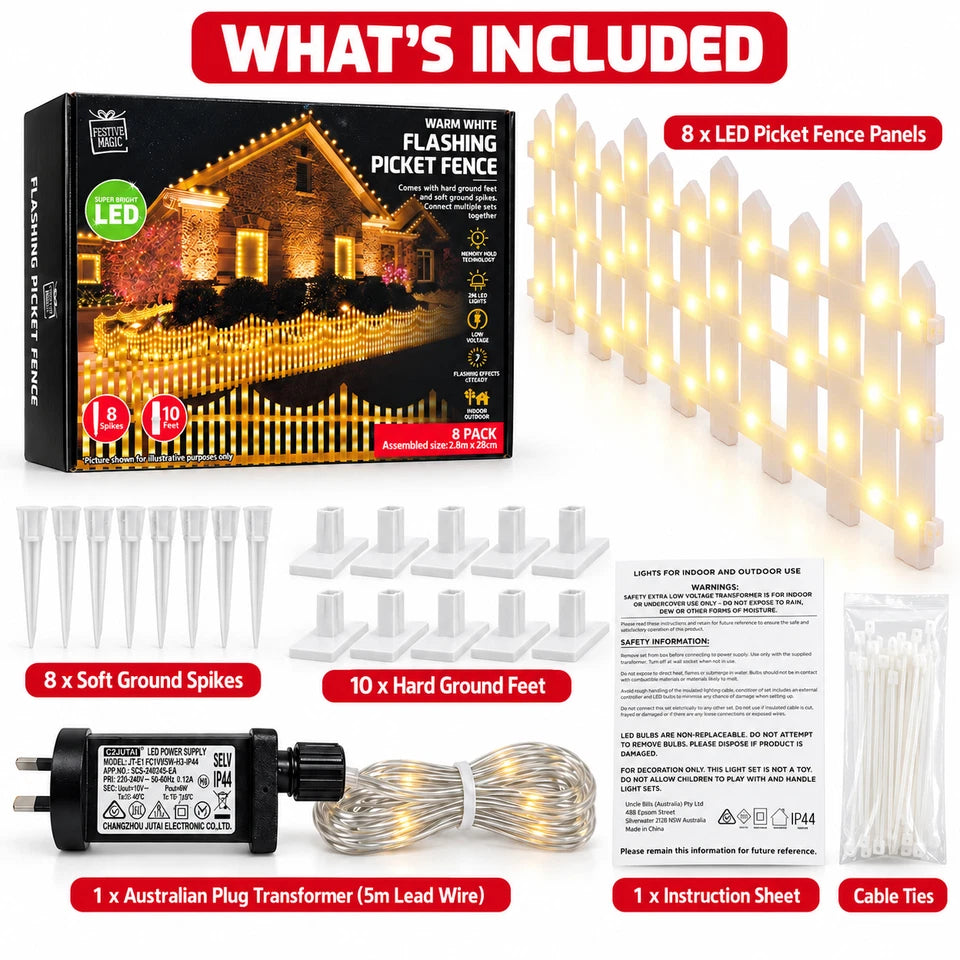 2.8m 288 LED Multicolour Picket Fence Christmas Lights - 8 Piece Set
