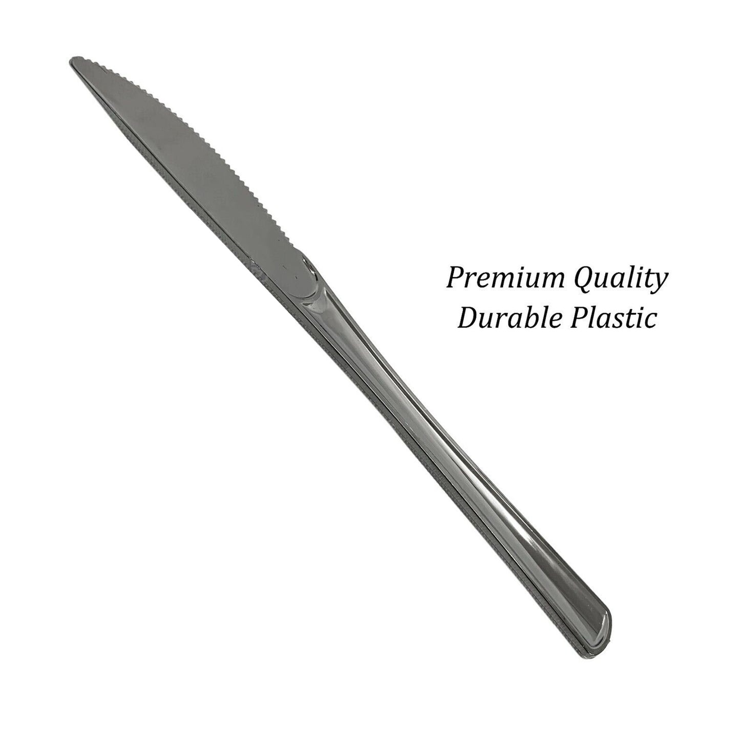 300 x Reusable Metallic Silver Plastic Knives