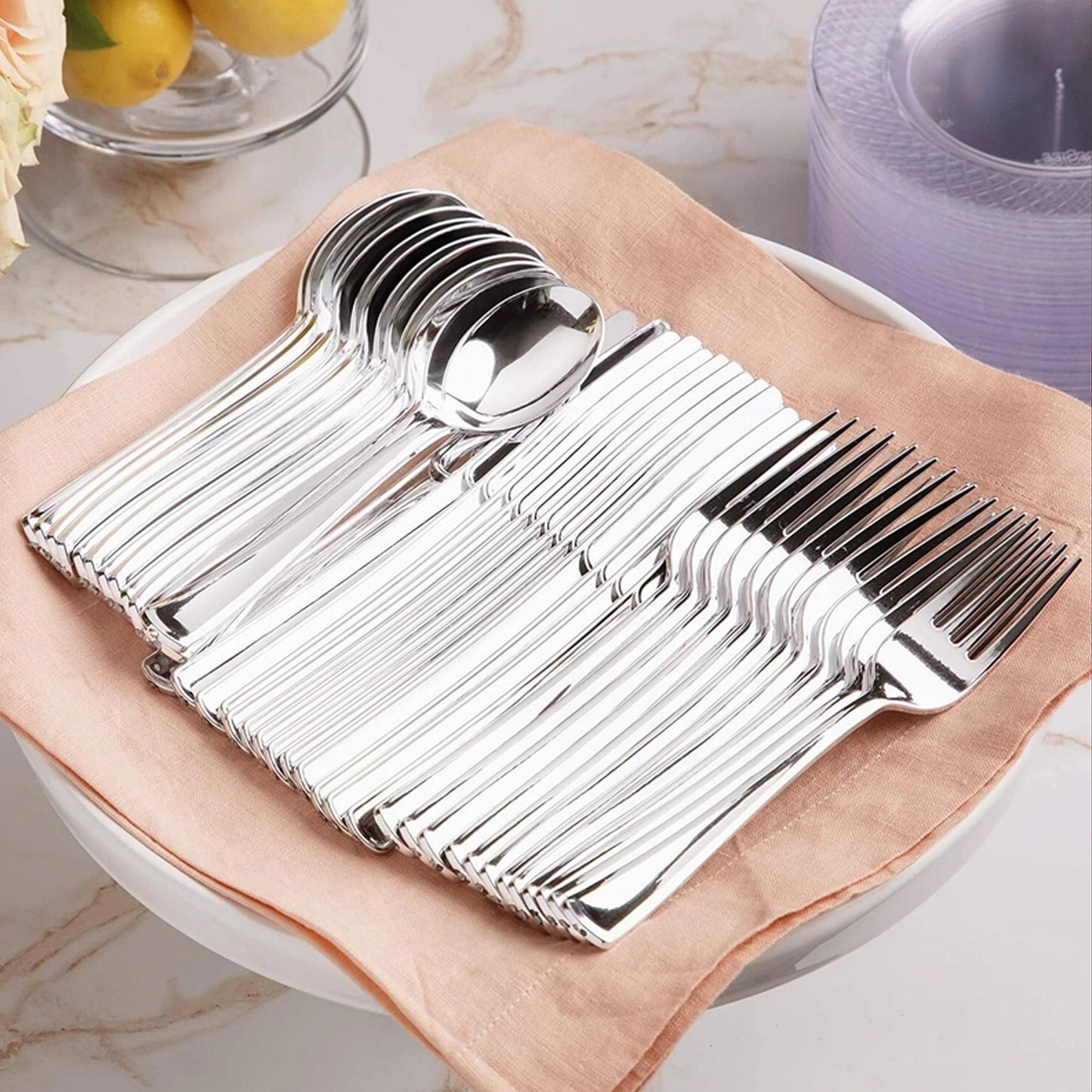 120 x Reusable Metallic Silver Plastic Cutlery 5 Types