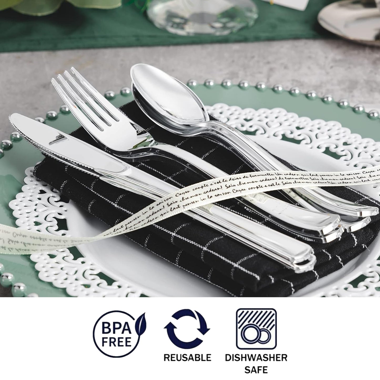 Reusable Metallic Silver Plastic Cutlery Set