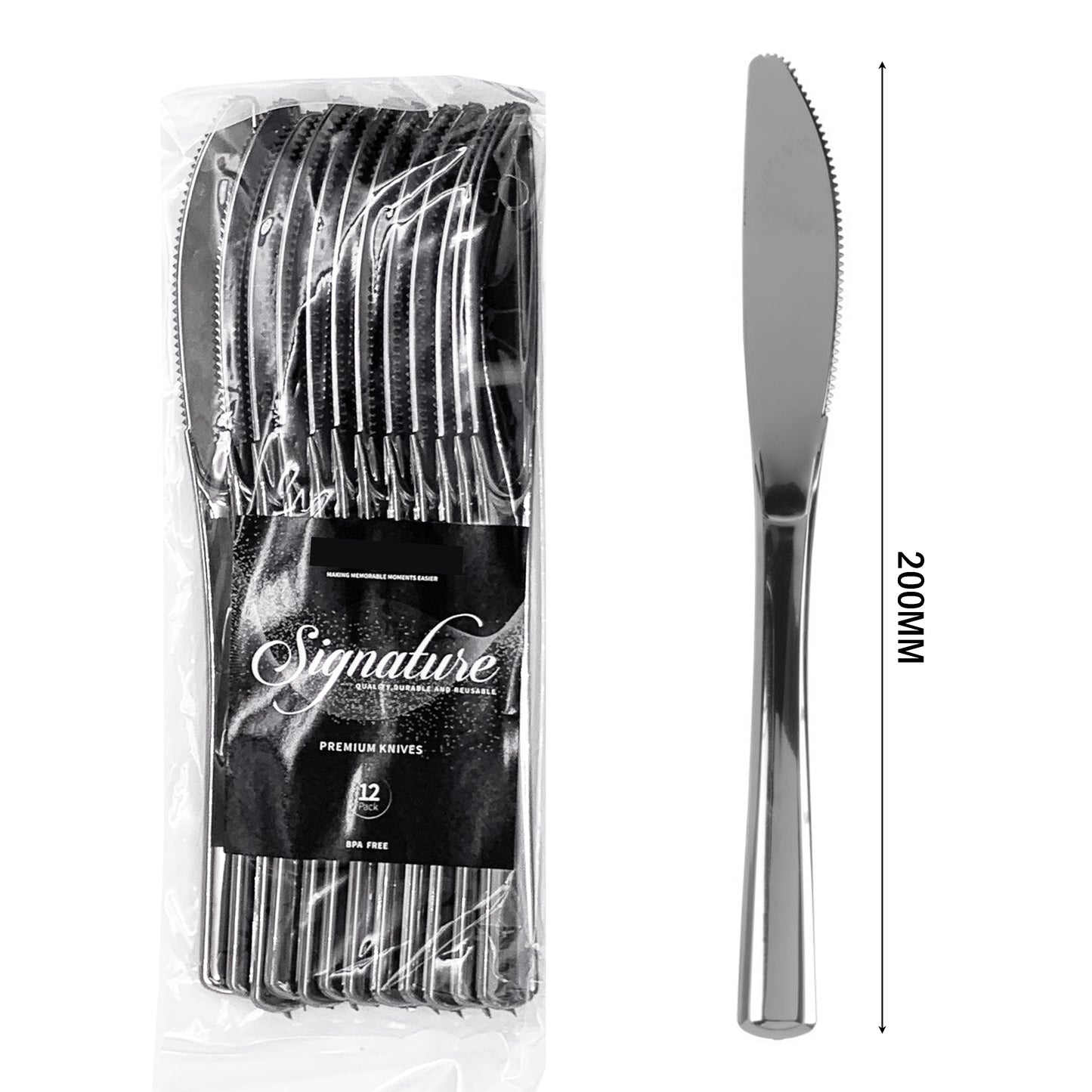 12 x Reusable Metallic Silver Plastic Knives