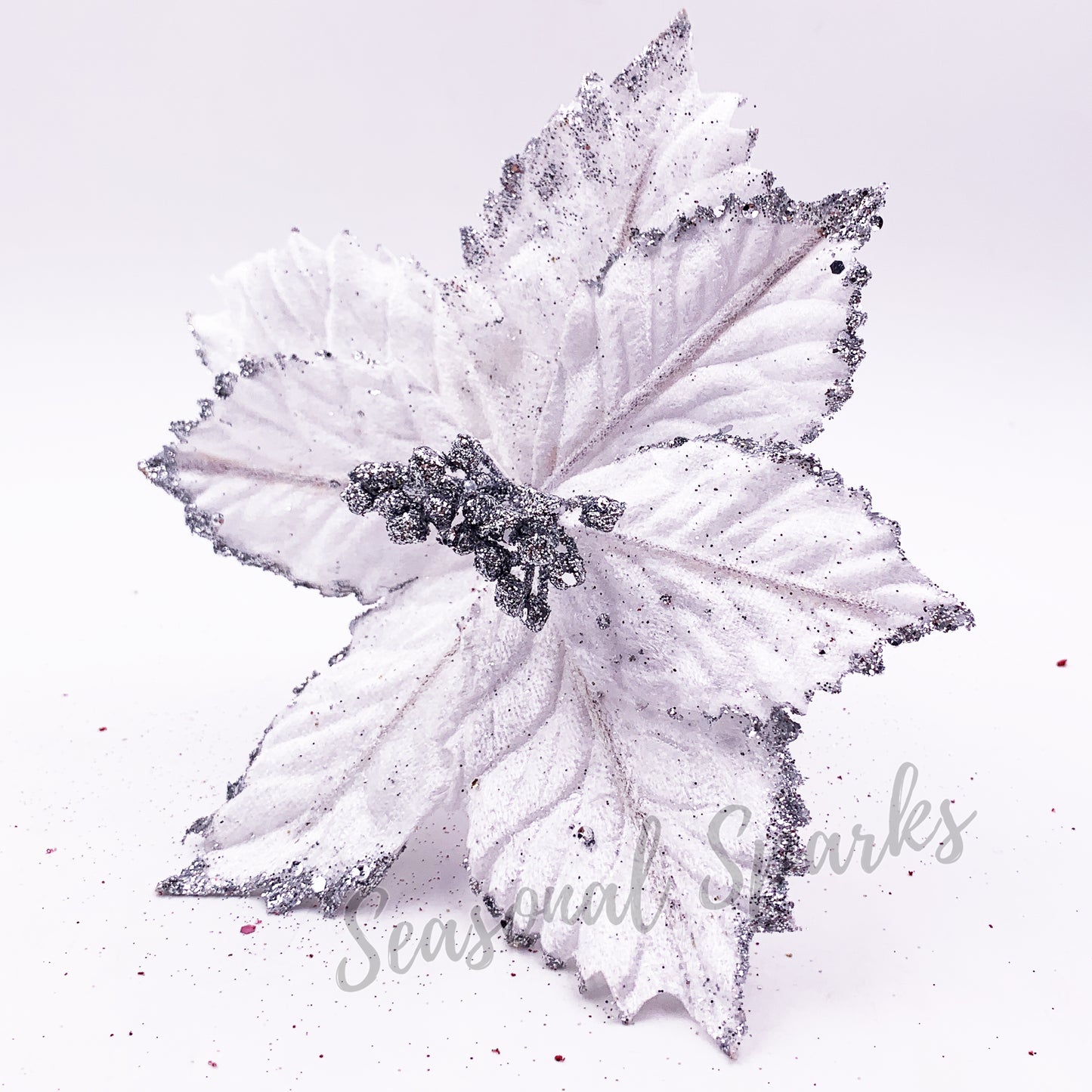 Glitter Silver White Poinsettia Pick – Pack of 1