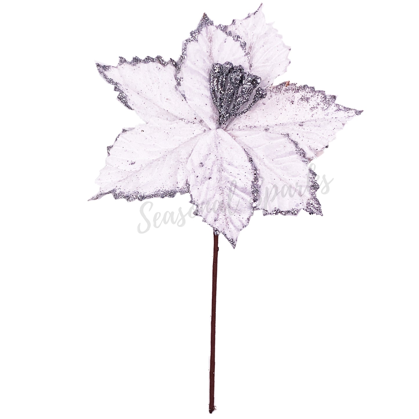 Glitter Silver White Poinsettia Pick – Pack of 1